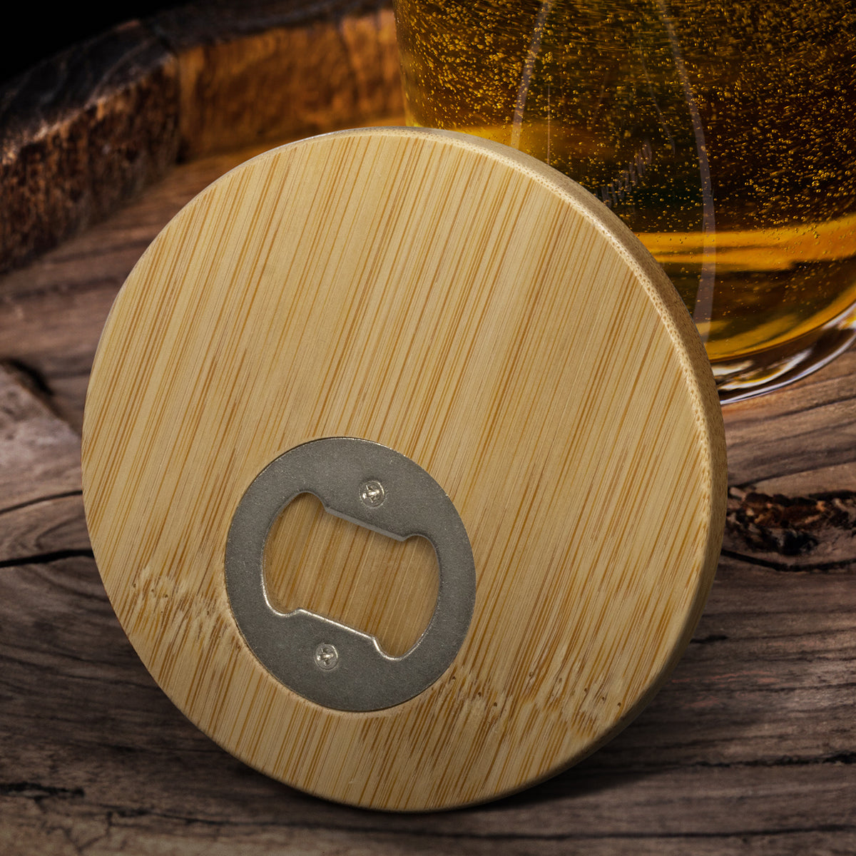 Bamboo Bottle Opener Coaster - Round - Feature