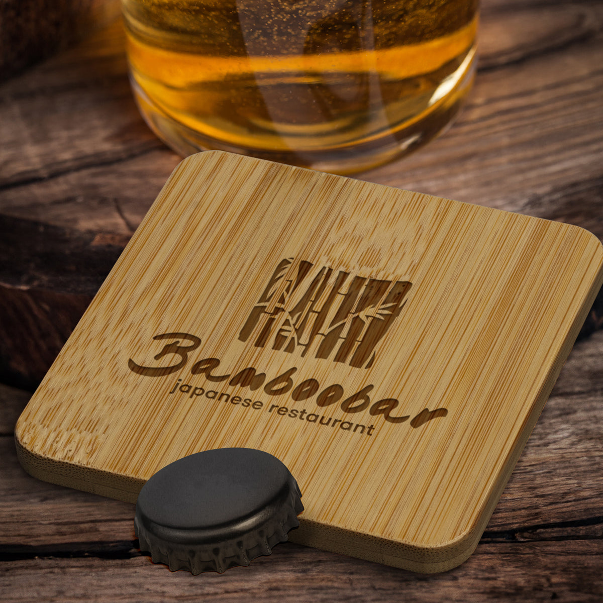 Bamboo Bottle Opener Coaster - Square - Feature