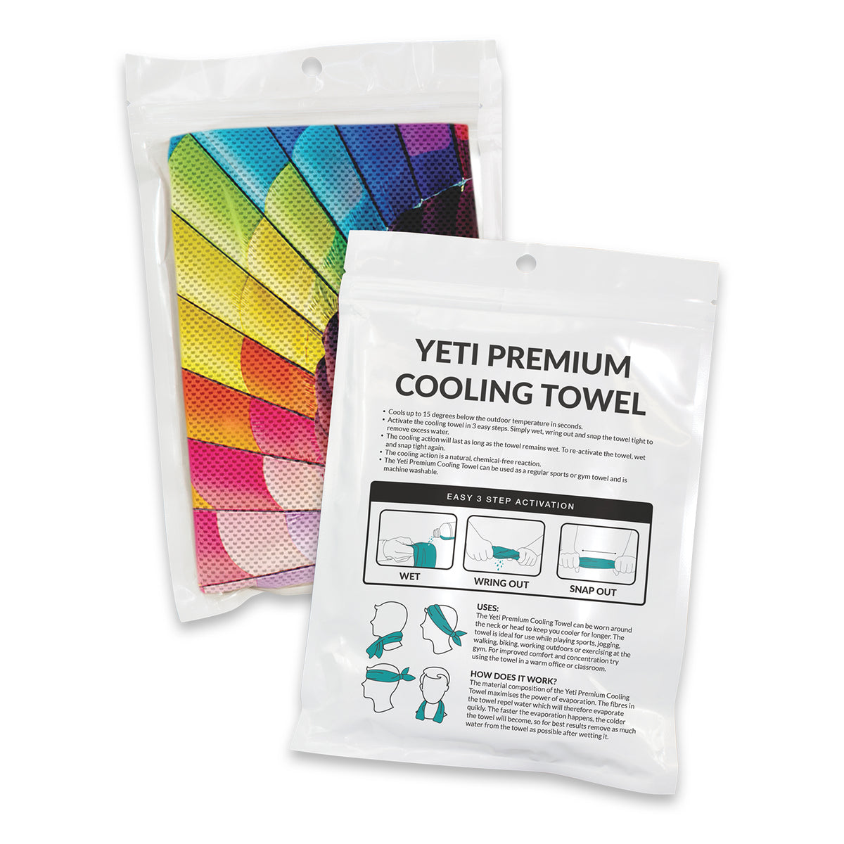 Yeti Premium Cooling Towel - Full Colour - Pouch - Packaging