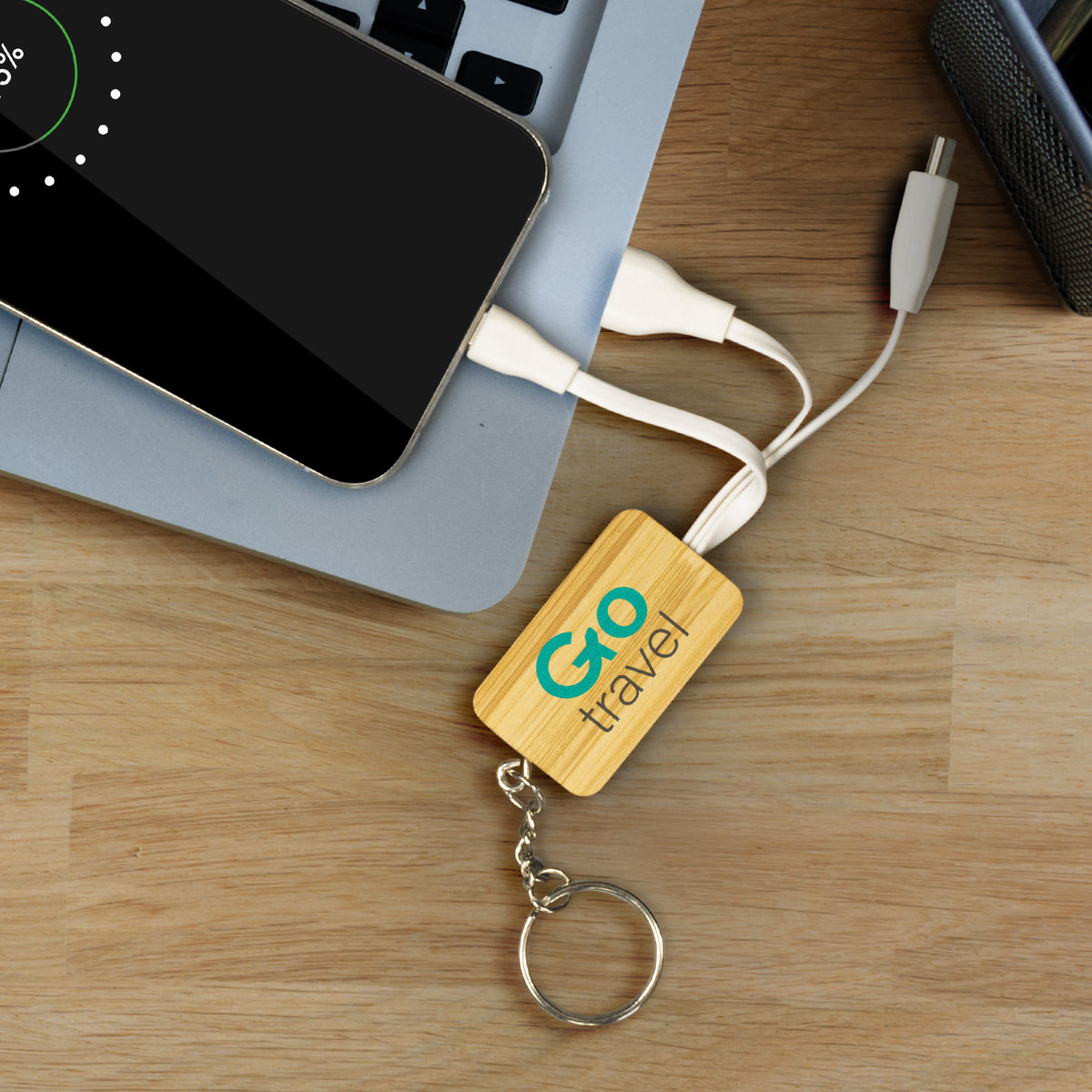 Bamboo Charging Cable Key Ring - Rectangle - Feature