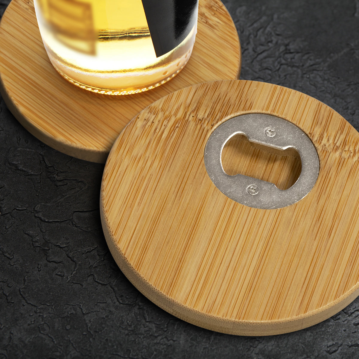 Bamboo Bottle Opener Coaster - Set of 2 - Round - Feature