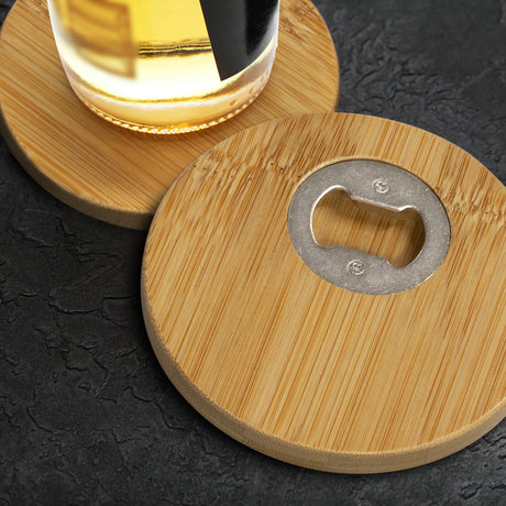 Bamboo Bottle Opener Coaster - Set of 2 - Round - Feature