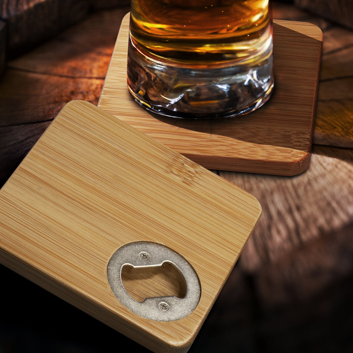 Bamboo Bottle Opener Coaster - Set of 2 - Square - Feature