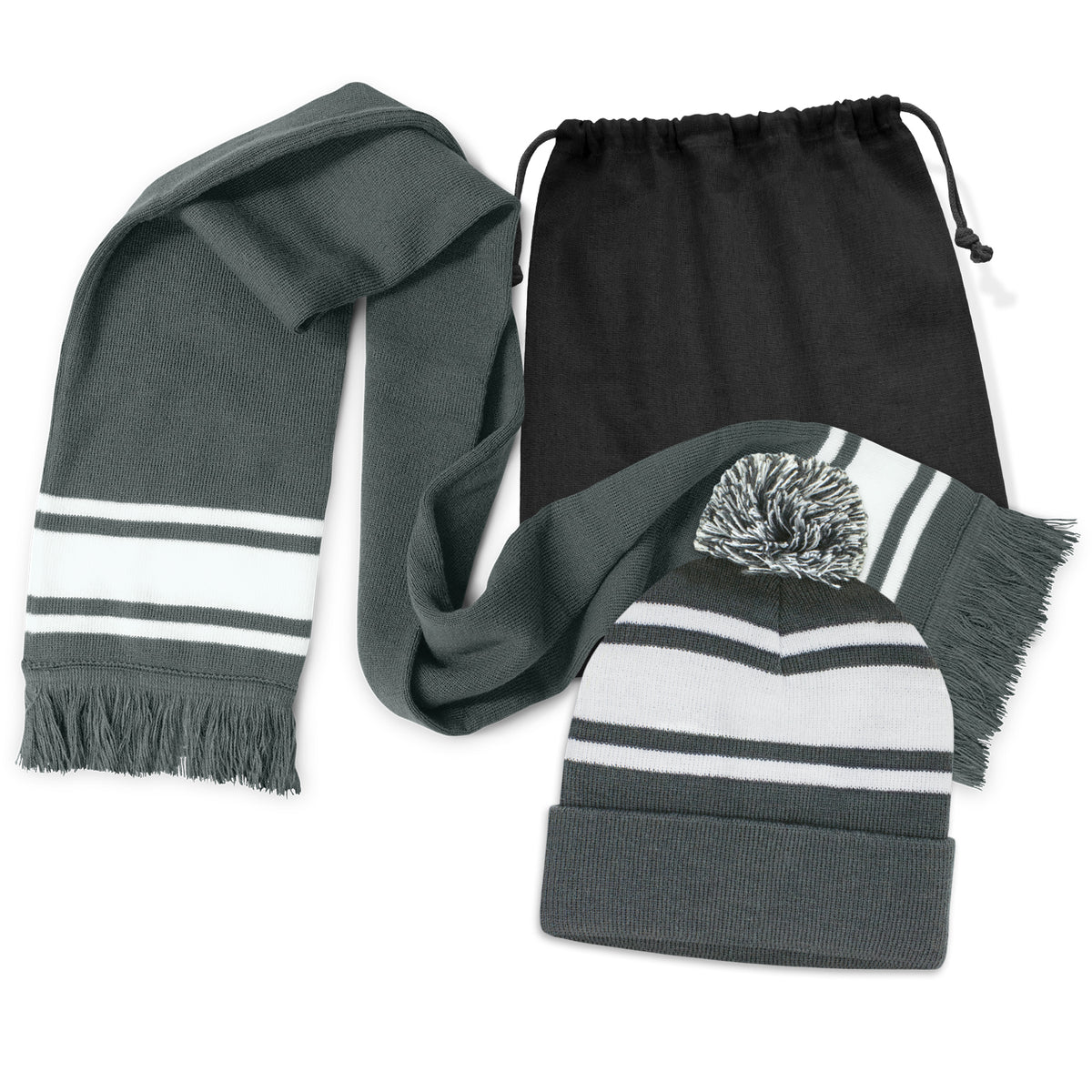 Commodore Scarf and Beanie with Pom Pom Set - Dark Grey
