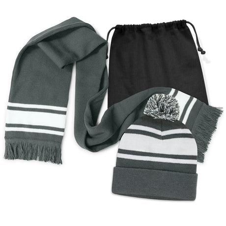 Commodore Scarf and Beanie with Pom Pom Set - Dark Grey