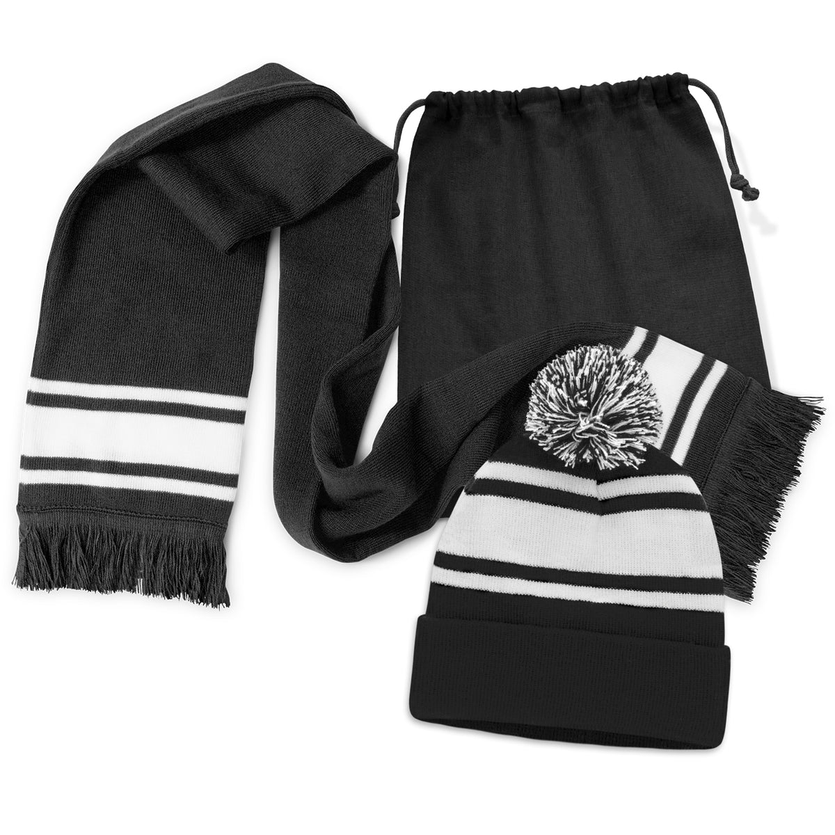 Commodore Scarf and Beanie with Pom Pom Set - Black
